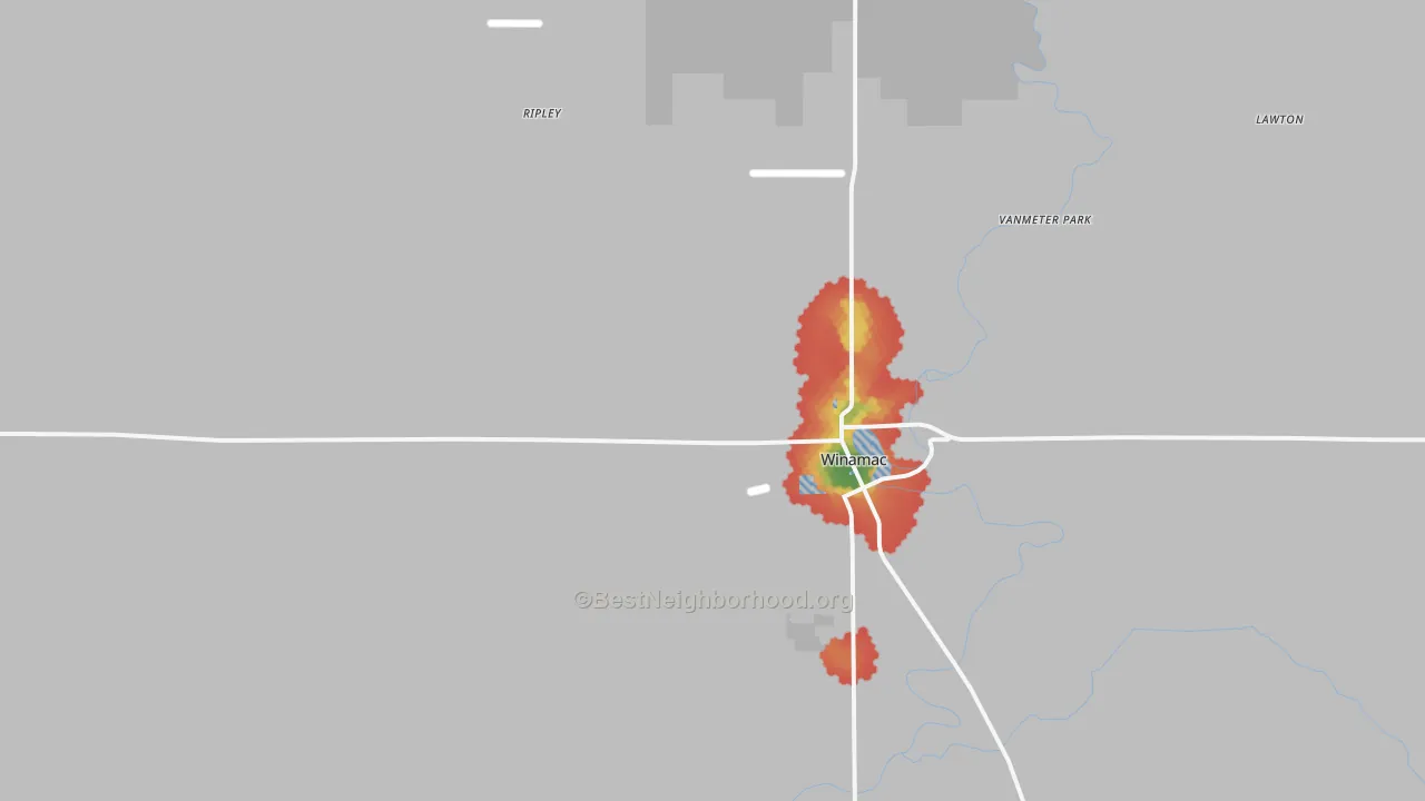 Walk Grade map of 46996, IN, walkable areas in green and car-dependent areas in red
