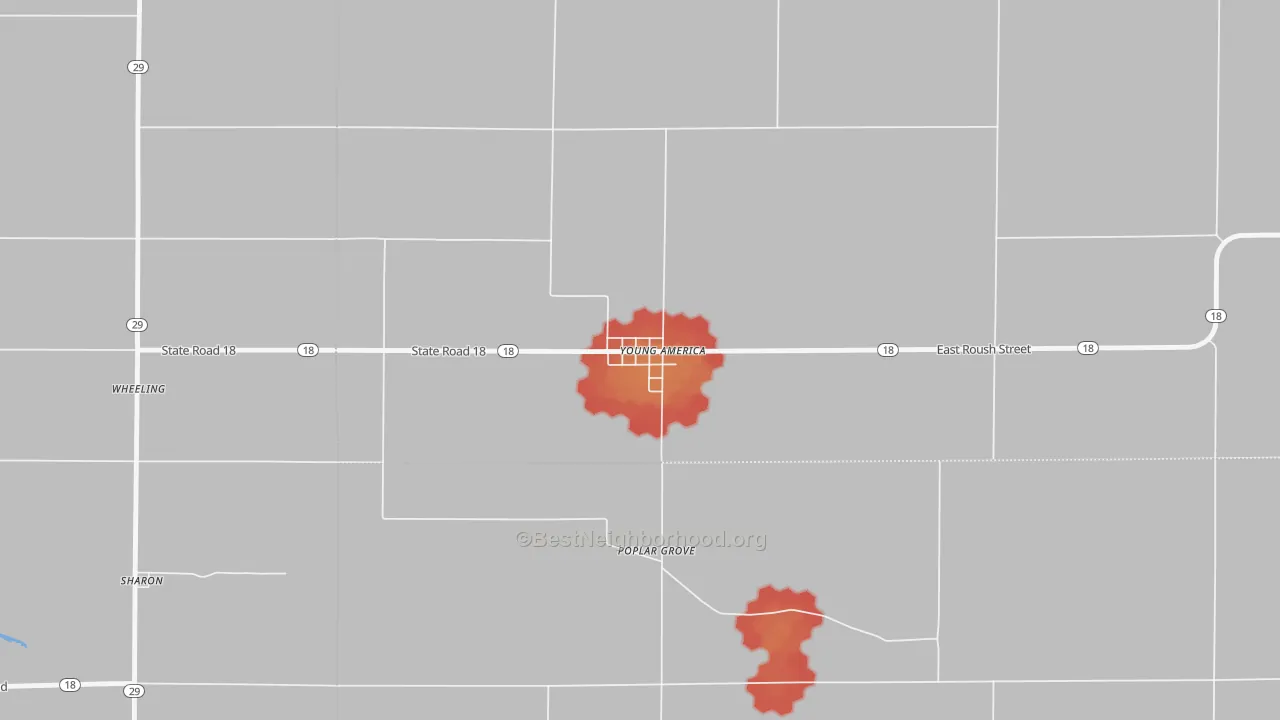 Walk Grade map of 46998, IN, walkable areas in green and car-dependent areas in red