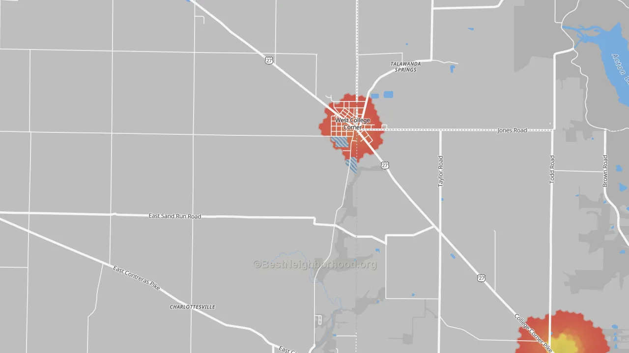 Walk Grade map of 47003, IN, walkable areas in green and car-dependent areas in red