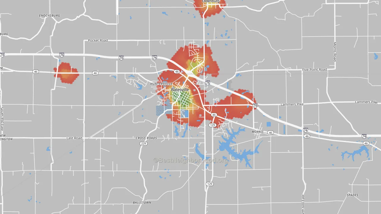 Walk Grade map of 47006, IN, walkable areas in green and car-dependent areas in red