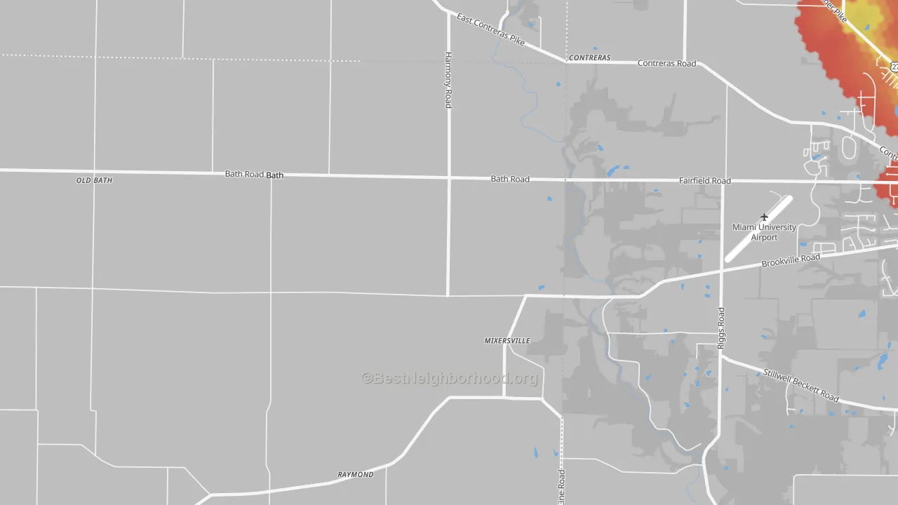 Walk Grade map of 47010, IN, walkable areas in green and car-dependent areas in red