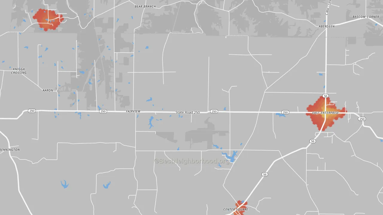 Walk Grade map of 47011, IN, walkable areas in green and car-dependent areas in red