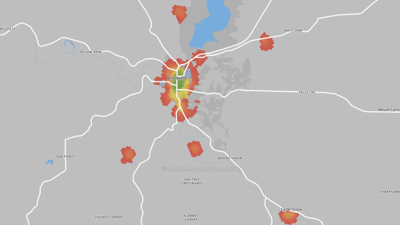 Walk Grade map of 47012, IN, walkable areas in green and car-dependent areas in red