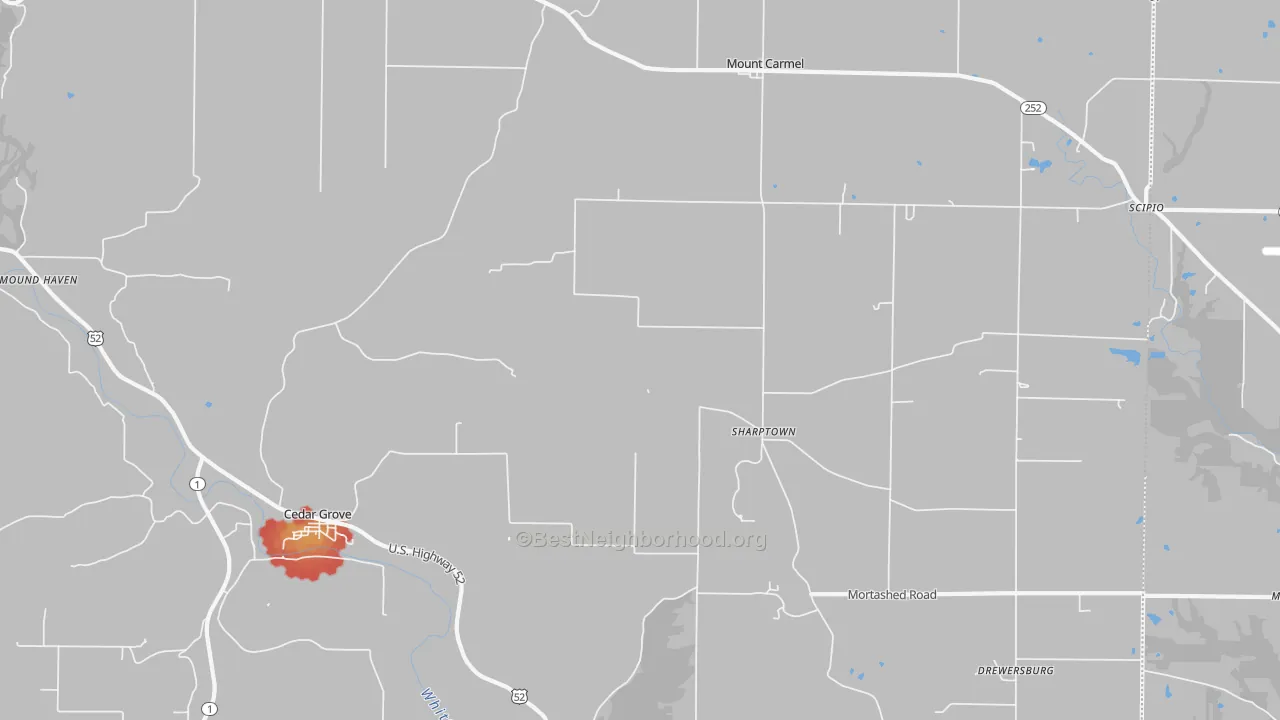 Walk Grade map of 47016, IN, walkable areas in green and car-dependent areas in red