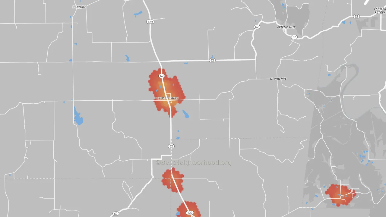 Walk Grade map of 47017, IN, walkable areas in green and car-dependent areas in red