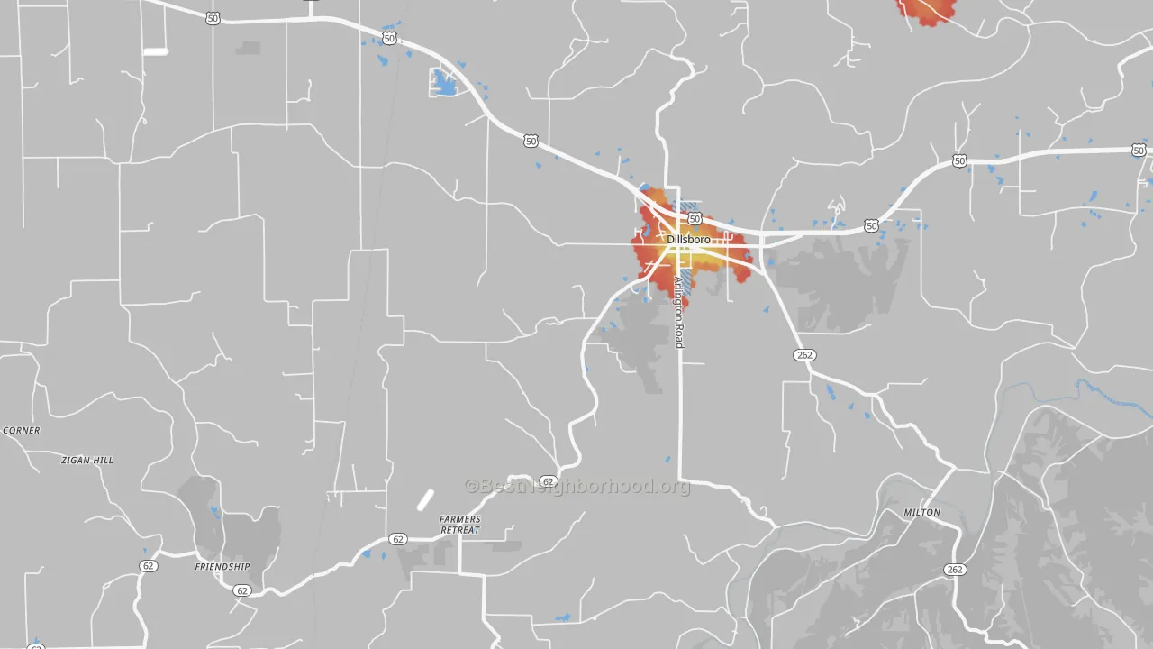 Walk Grade map of 47018, IN, walkable areas in green and car-dependent areas in red