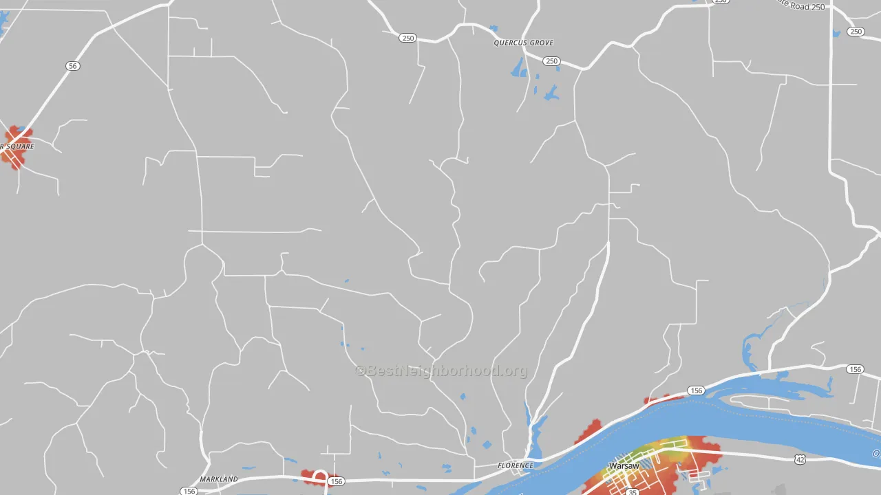 Walk Grade map of 47020, IN, walkable areas in green and car-dependent areas in red