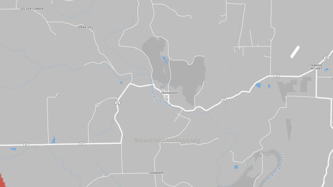 Walk Grade map of 47021, IN, walkable areas in green and car-dependent areas in red