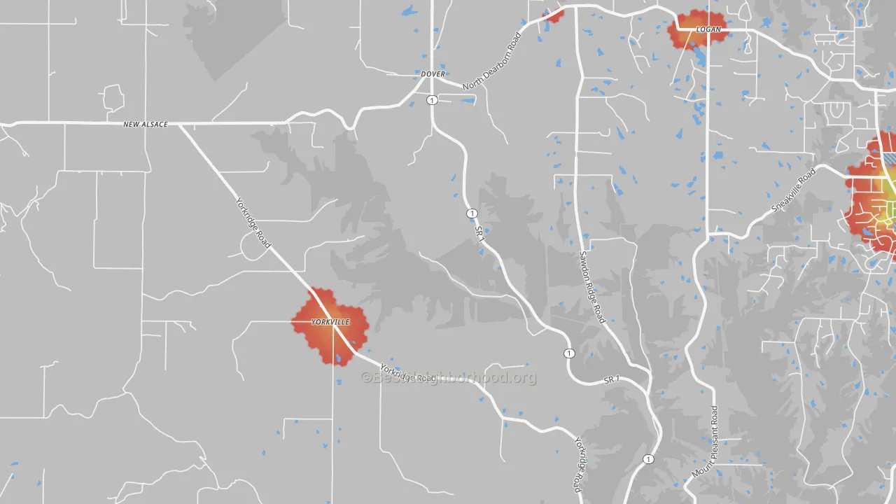 Walk Grade map of 47022, IN, walkable areas in green and car-dependent areas in red