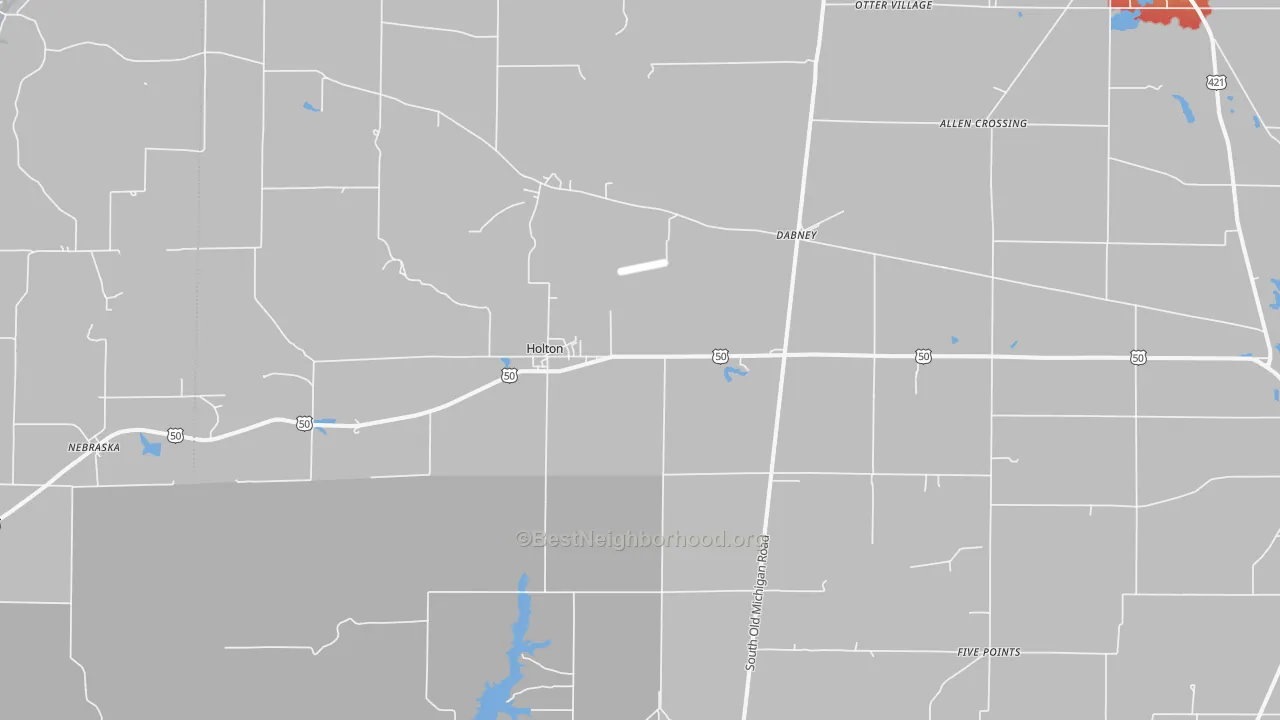 Walk Grade map of 47023, IN, walkable areas in green and car-dependent areas in red