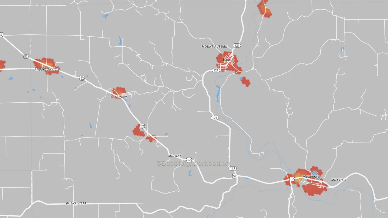 Walk Grade map of 47024, IN, walkable areas in green and car-dependent areas in red