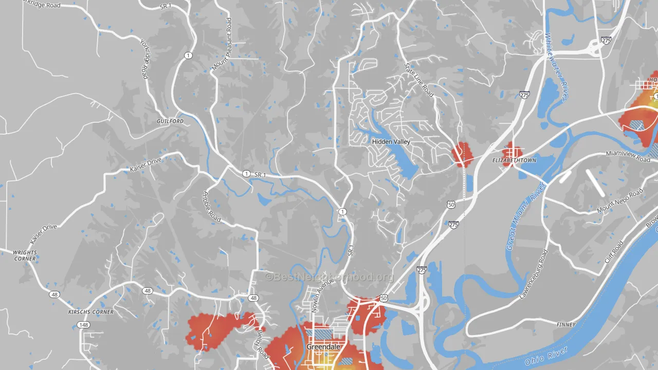 Walk Grade map of 47025, IN, walkable areas in green and car-dependent areas in red