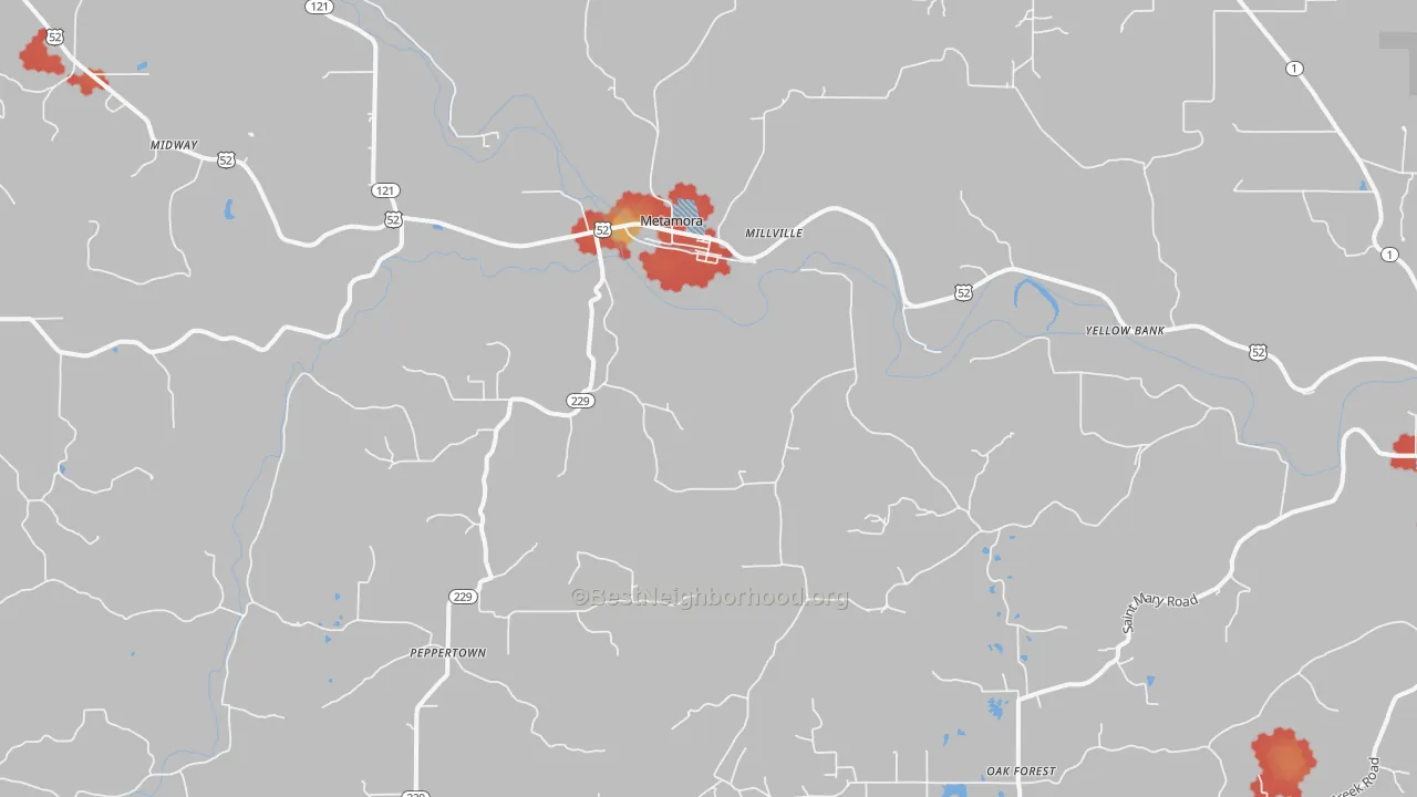 Walk Grade map of 47030, IN, walkable areas in green and car-dependent areas in red