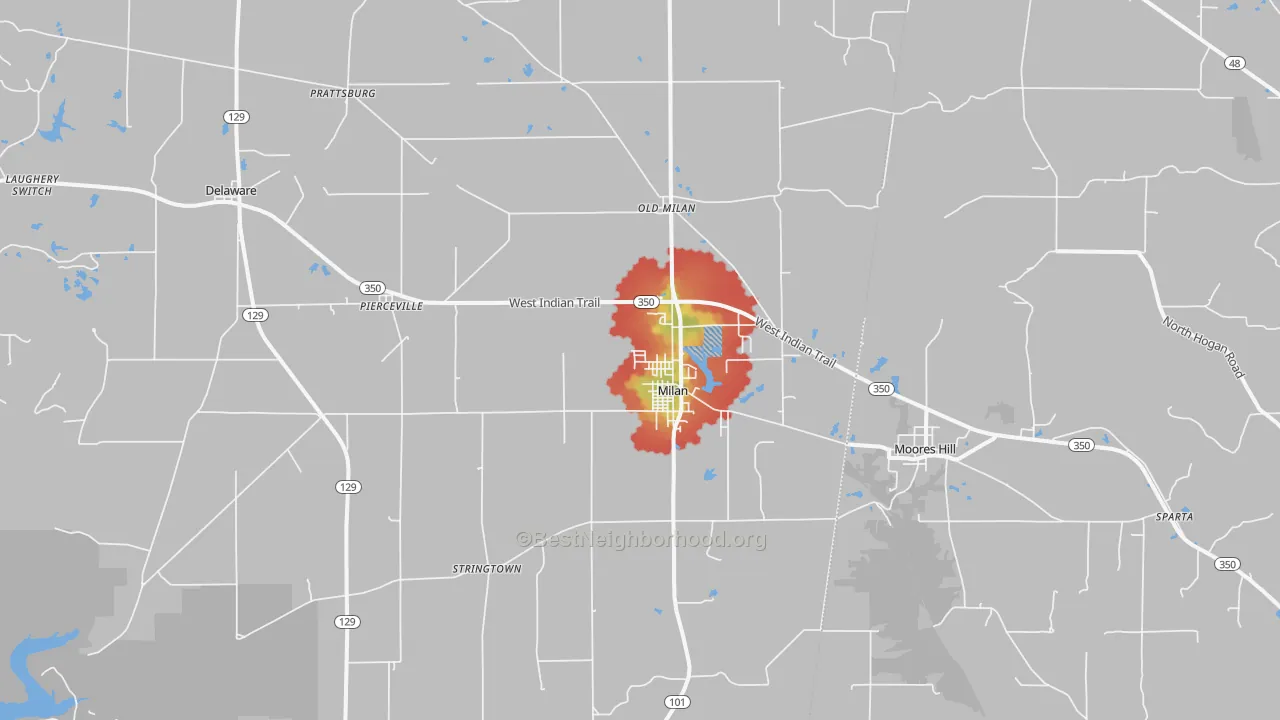 Walk Grade map of 47031, IN, walkable areas in green and car-dependent areas in red
