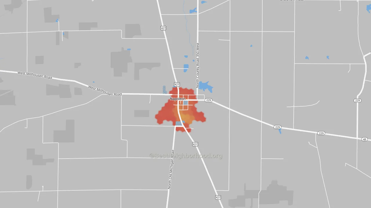 Walk Grade map of 47034, IN, walkable areas in green and car-dependent areas in red