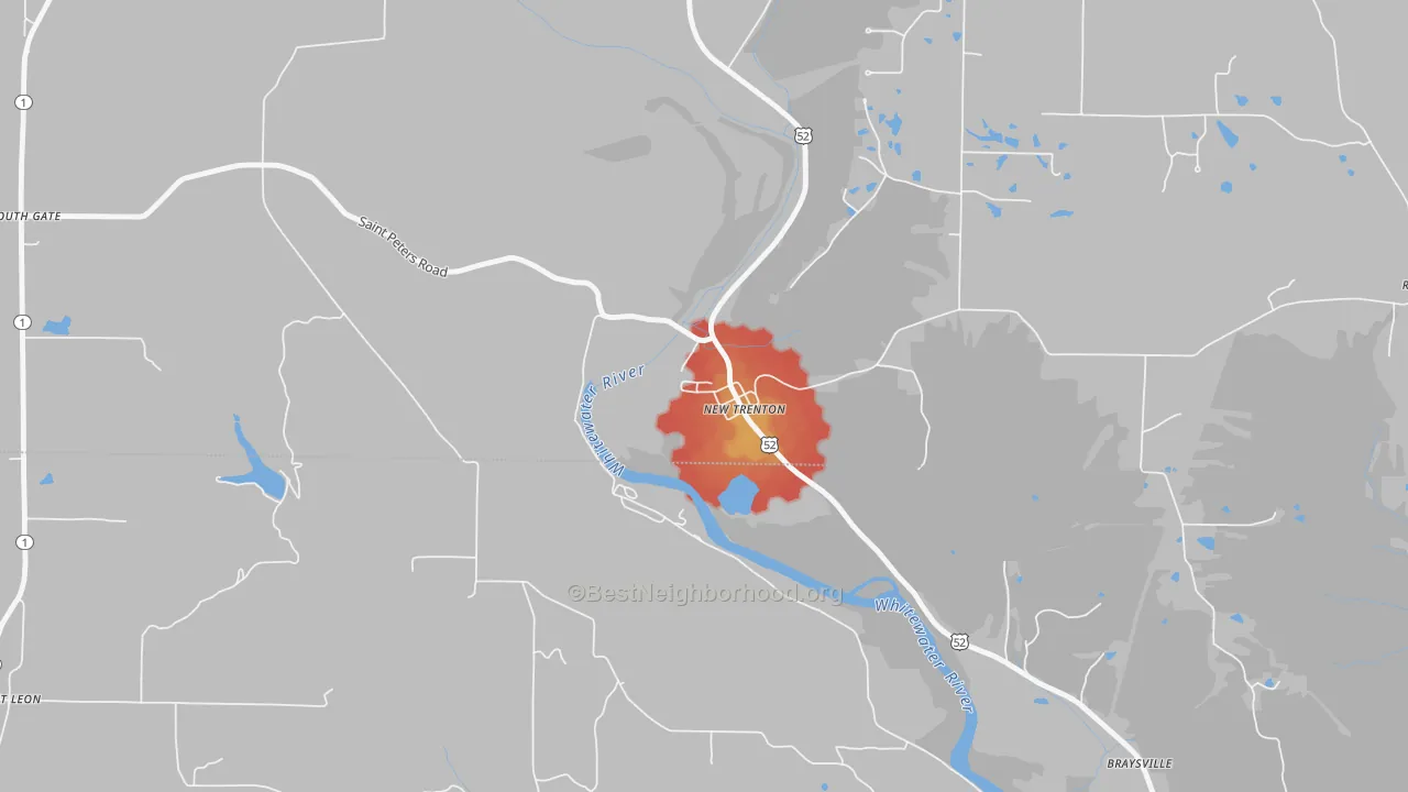 Walk Grade map of 47035, IN, walkable areas in green and car-dependent areas in red