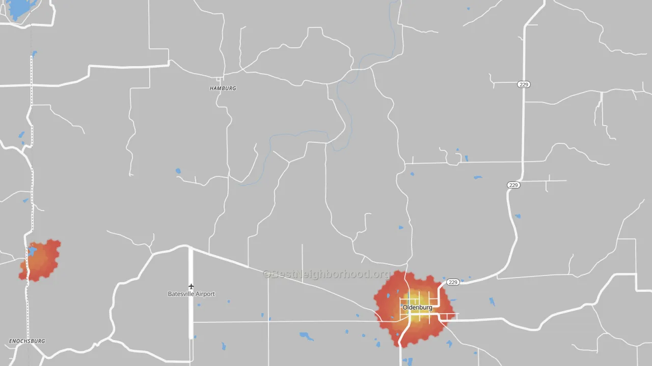 Walk Grade map of 47036, IN, walkable areas in green and car-dependent areas in red