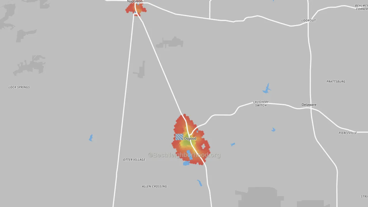 Walk Grade map of 47037, IN, walkable areas in green and car-dependent areas in red