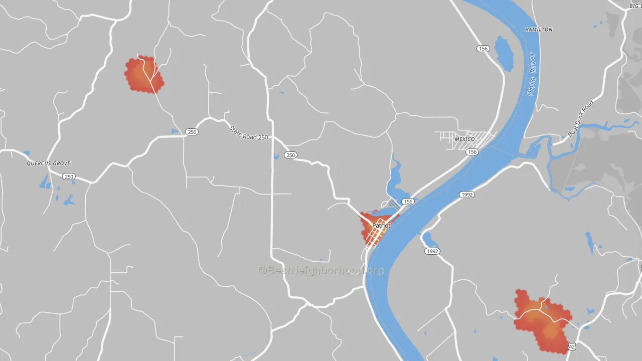 Walk Grade map of 47038, IN, walkable areas in green and car-dependent areas in red