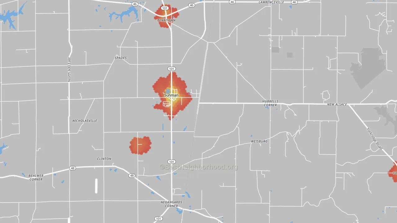 Walk Grade map of 47041, IN, walkable areas in green and car-dependent areas in red