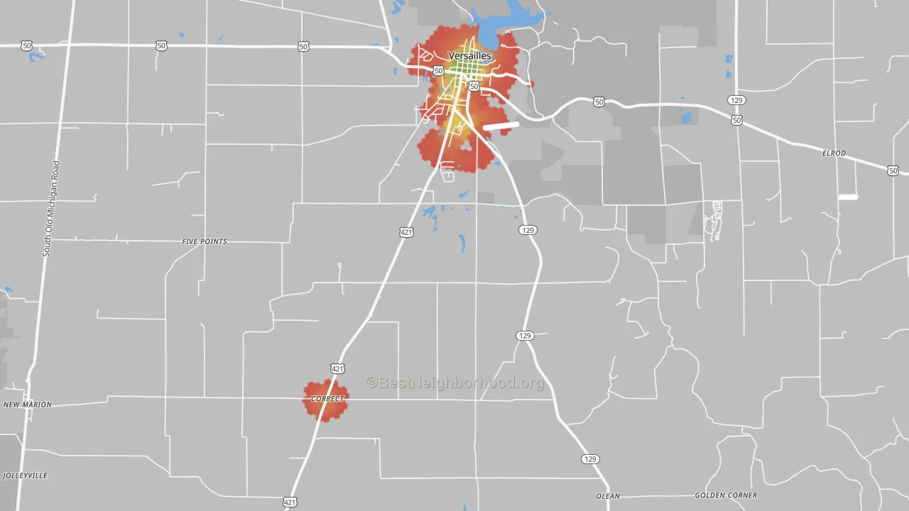Walk Grade map of 47042, IN, walkable areas in green and car-dependent areas in red