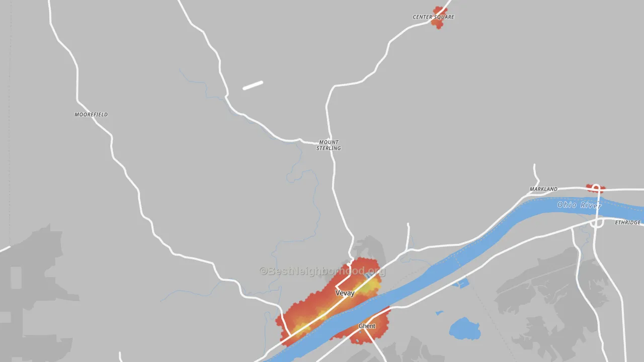 Walk Grade map of 47043, IN, walkable areas in green and car-dependent areas in red
