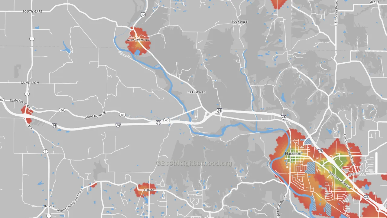 Walk Grade map of 47060, IN, walkable areas in green and car-dependent areas in red