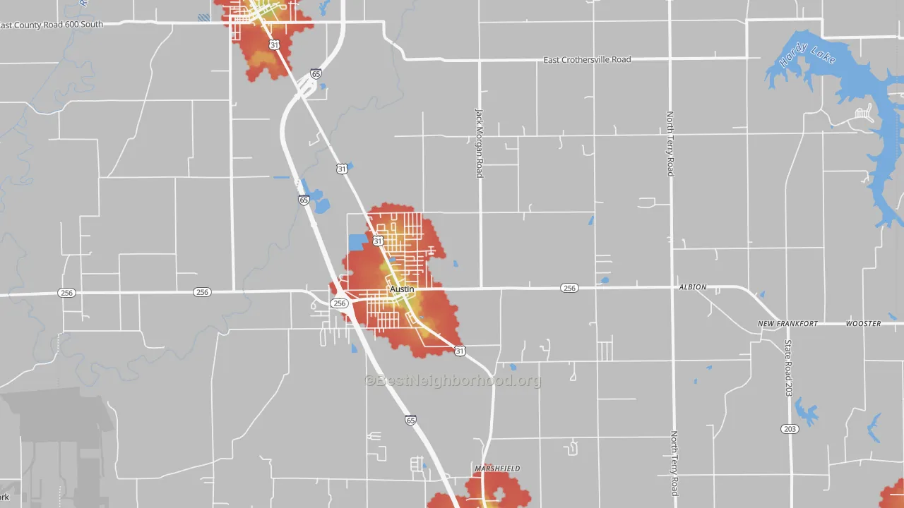 Walk Grade map of 47102, IN, walkable areas in green and car-dependent areas in red