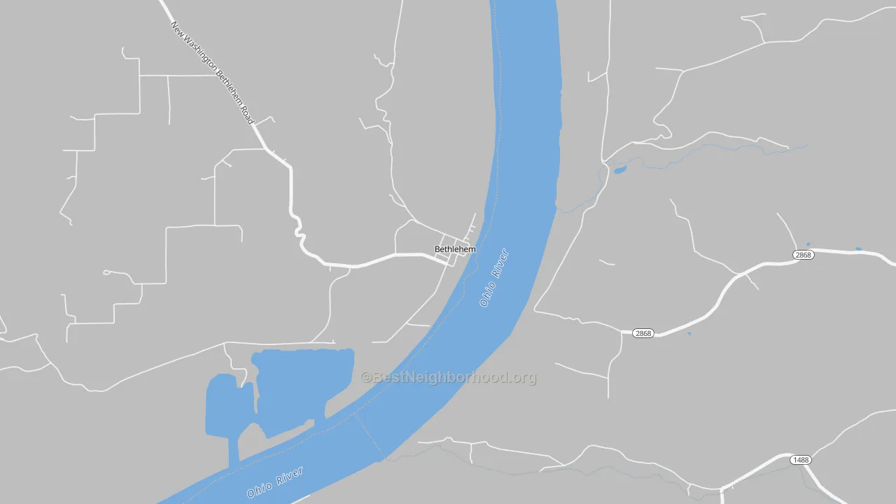 Walk Grade map of 47104, IN, walkable areas in green and car-dependent areas in red