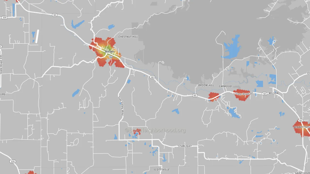 Walk Grade map of 47106, IN, walkable areas in green and car-dependent areas in red