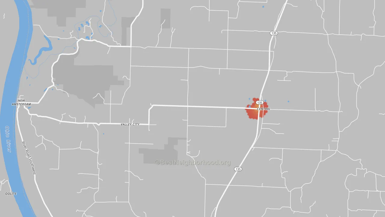 Walk Grade map of 47110, IN, walkable areas in green and car-dependent areas in red