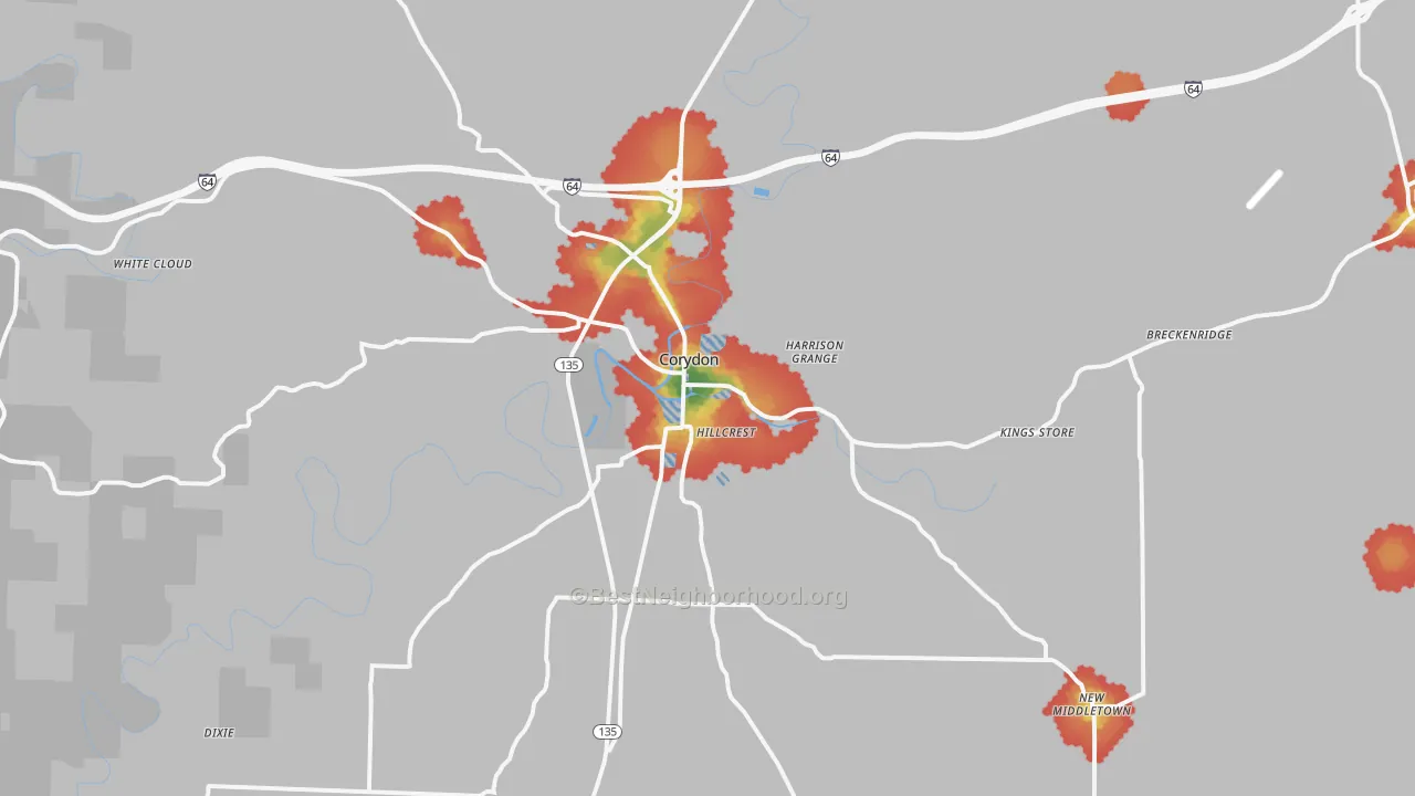 Walk Grade map of 47112, IN, walkable areas in green and car-dependent areas in red