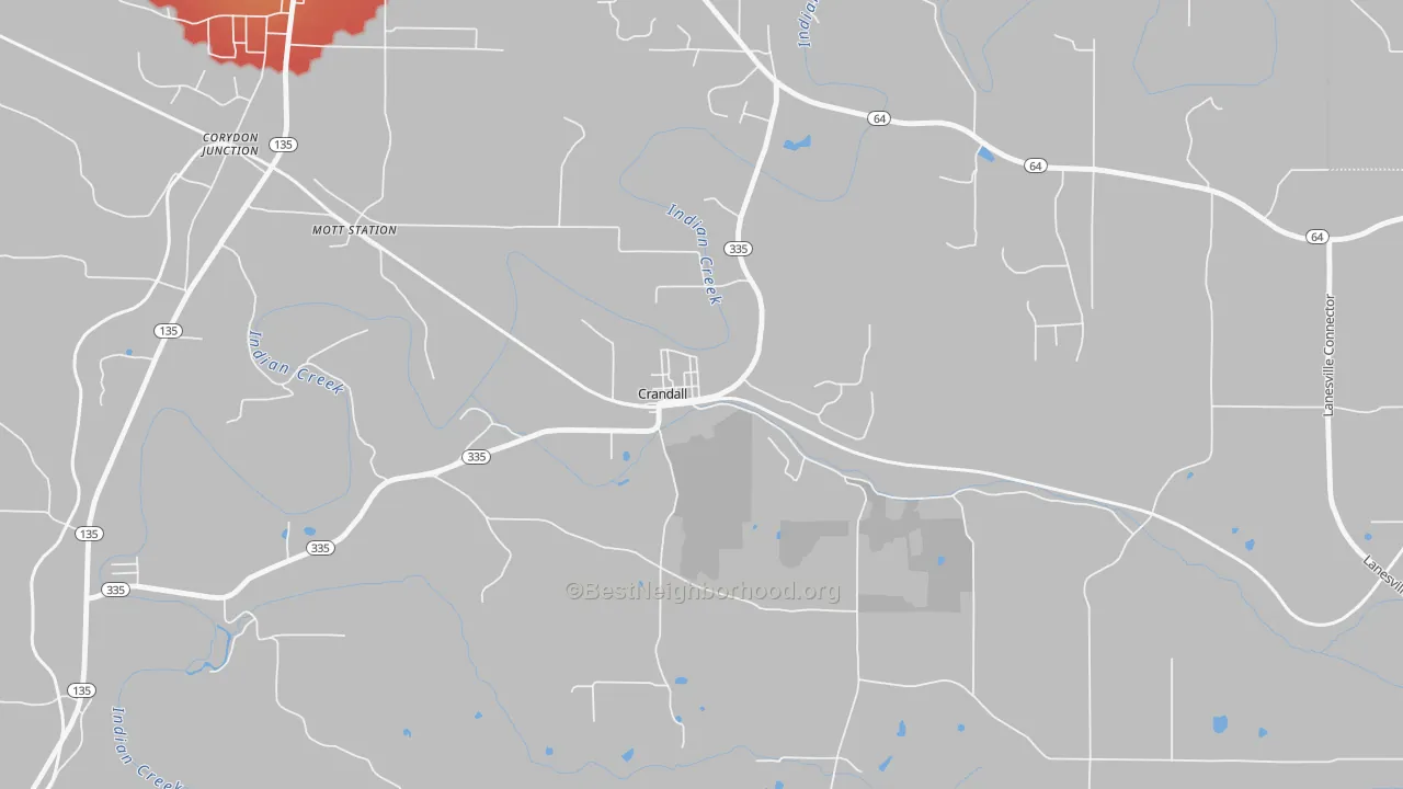 Walk Grade map of 47114, IN, walkable areas in green and car-dependent areas in red