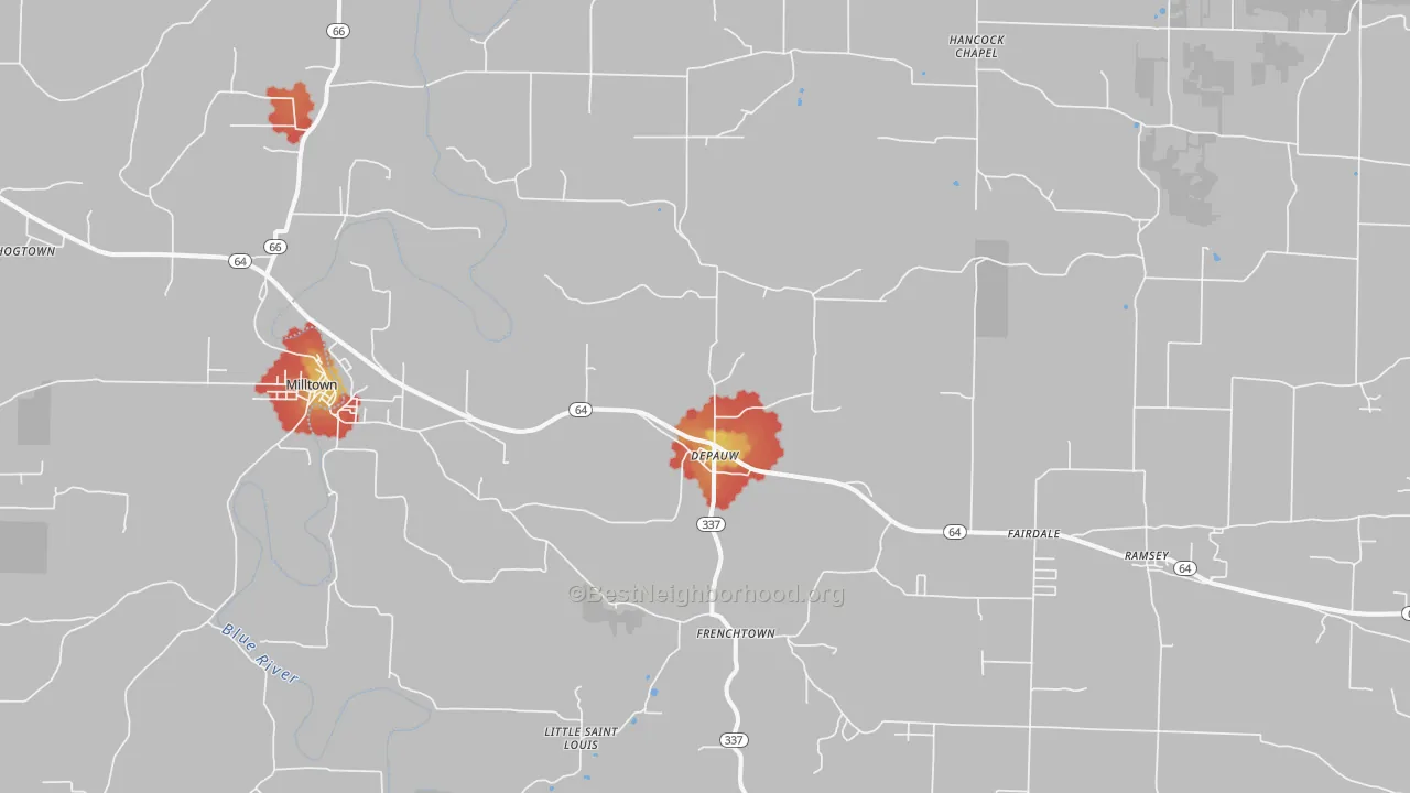 Walk Grade map of 47115, IN, walkable areas in green and car-dependent areas in red