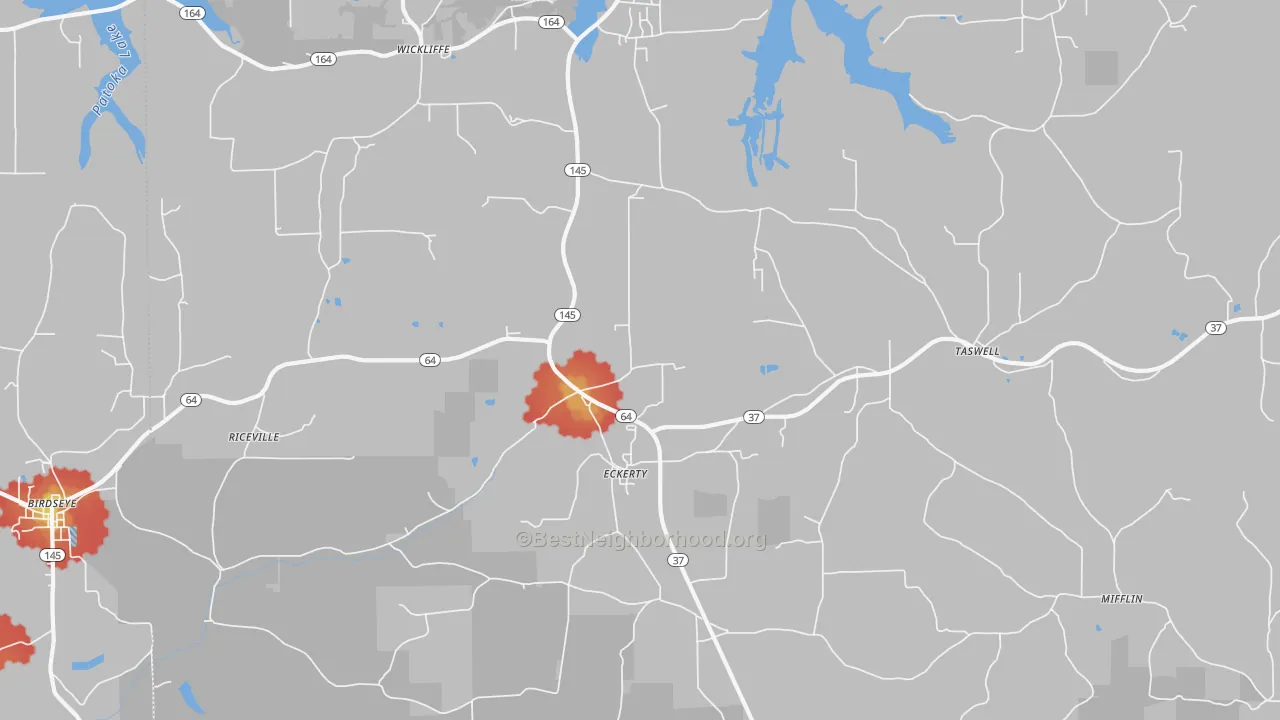 Walk Grade map of 47116, IN, walkable areas in green and car-dependent areas in red