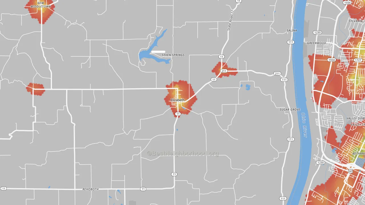 Walk Grade map of 47117, IN, walkable areas in green and car-dependent areas in red