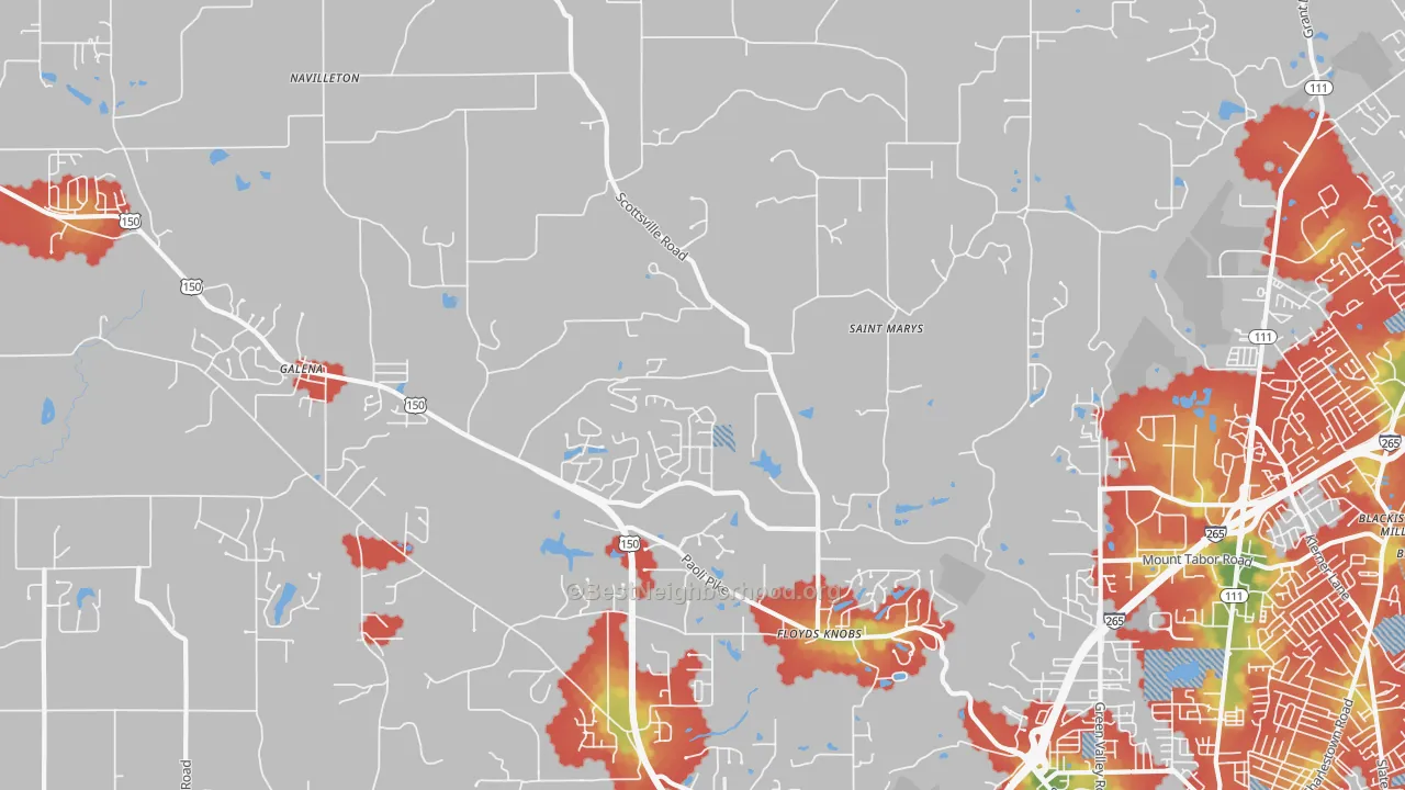 Walk Grade map of 47119, IN, walkable areas in green and car-dependent areas in red