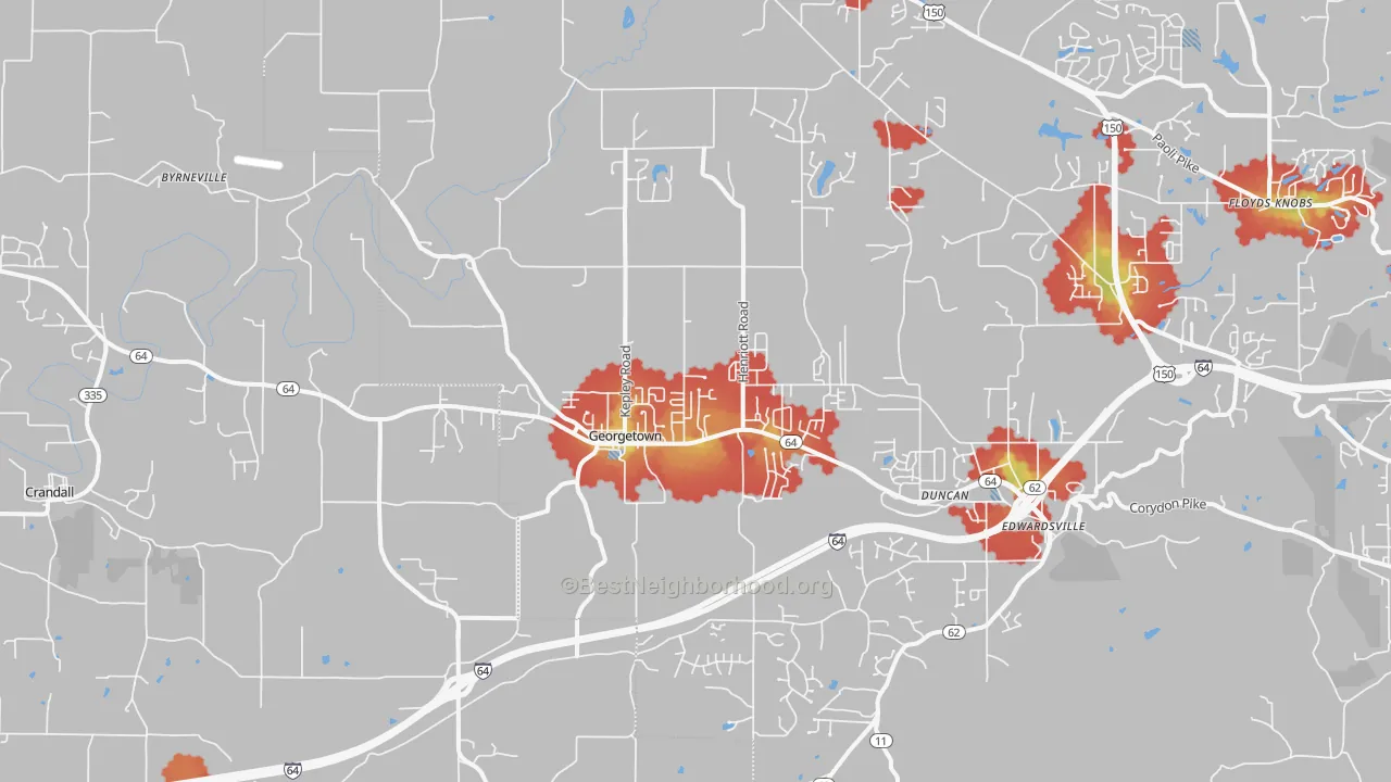 Walk Grade map of 47122, IN, walkable areas in green and car-dependent areas in red