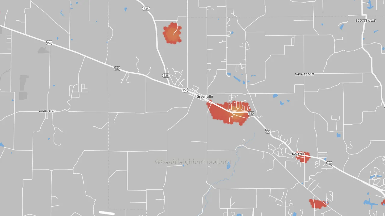 Walk Grade map of 47124, IN, walkable areas in green and car-dependent areas in red