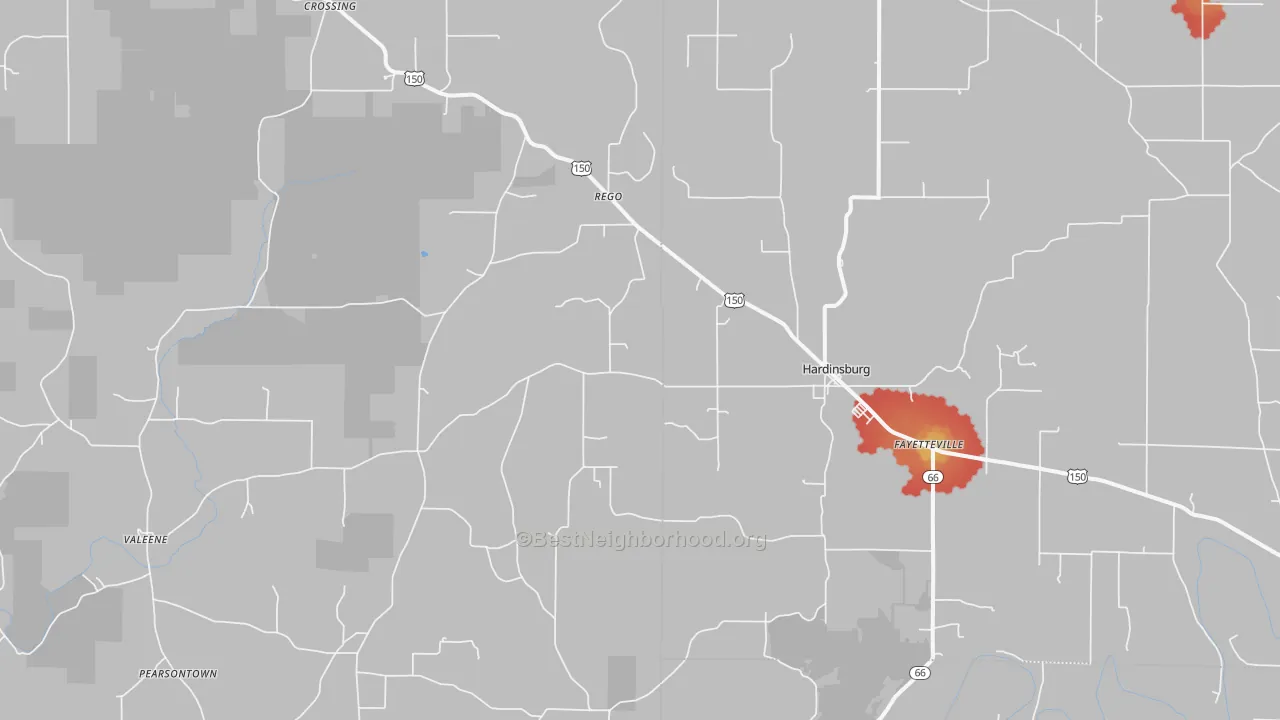 Walk Grade map of 47125, IN, walkable areas in green and car-dependent areas in red