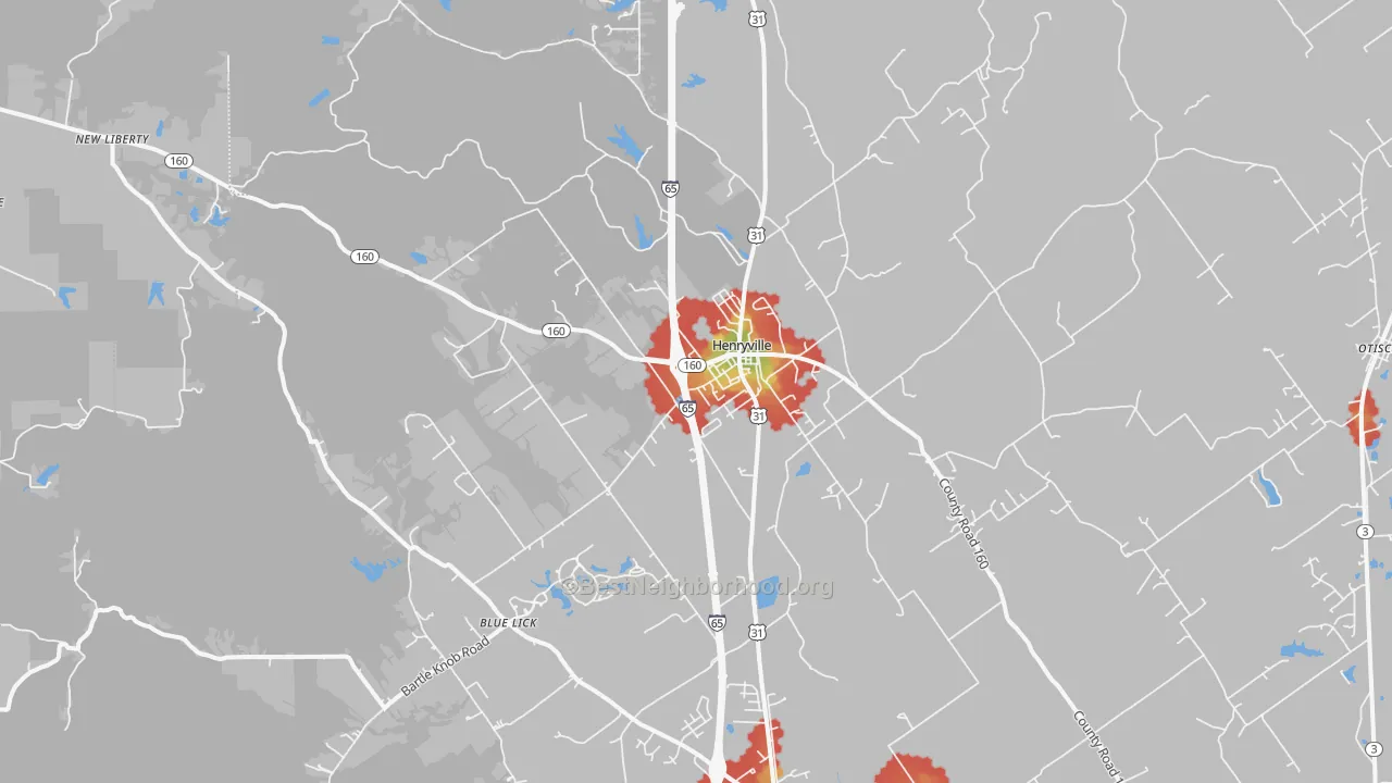 Walk Grade map of 47126, IN, walkable areas in green and car-dependent areas in red