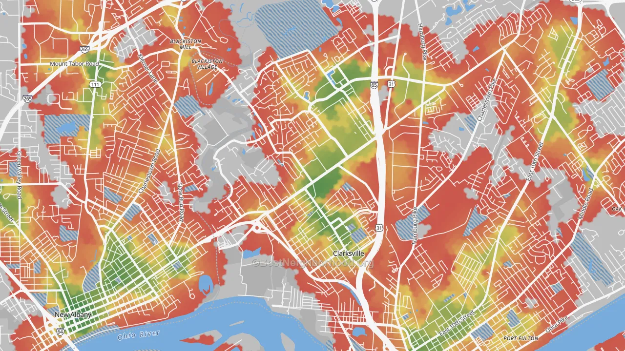 Walk Grade map of 47129, IN, walkable areas in green and car-dependent areas in red