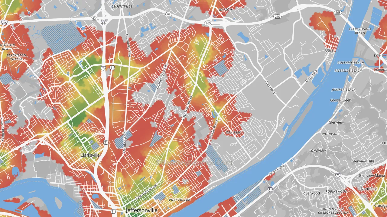 Walk Grade map of 47130, IN, walkable areas in green and car-dependent areas in red