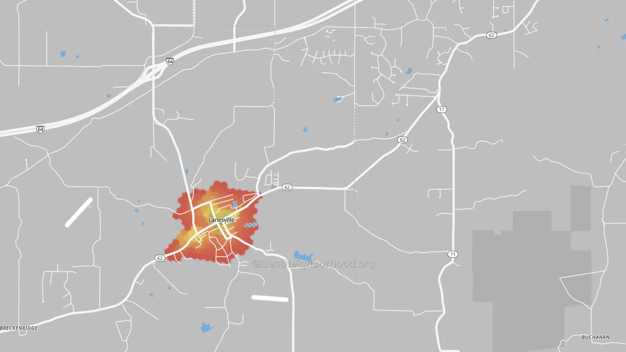 Walk Grade map of 47136, IN, walkable areas in green and car-dependent areas in red