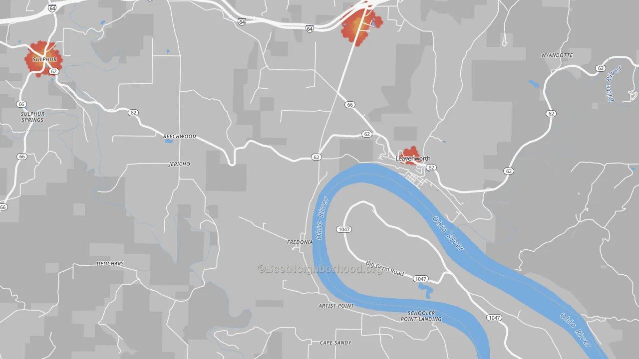 Walk Grade map of 47137, IN, walkable areas in green and car-dependent areas in red