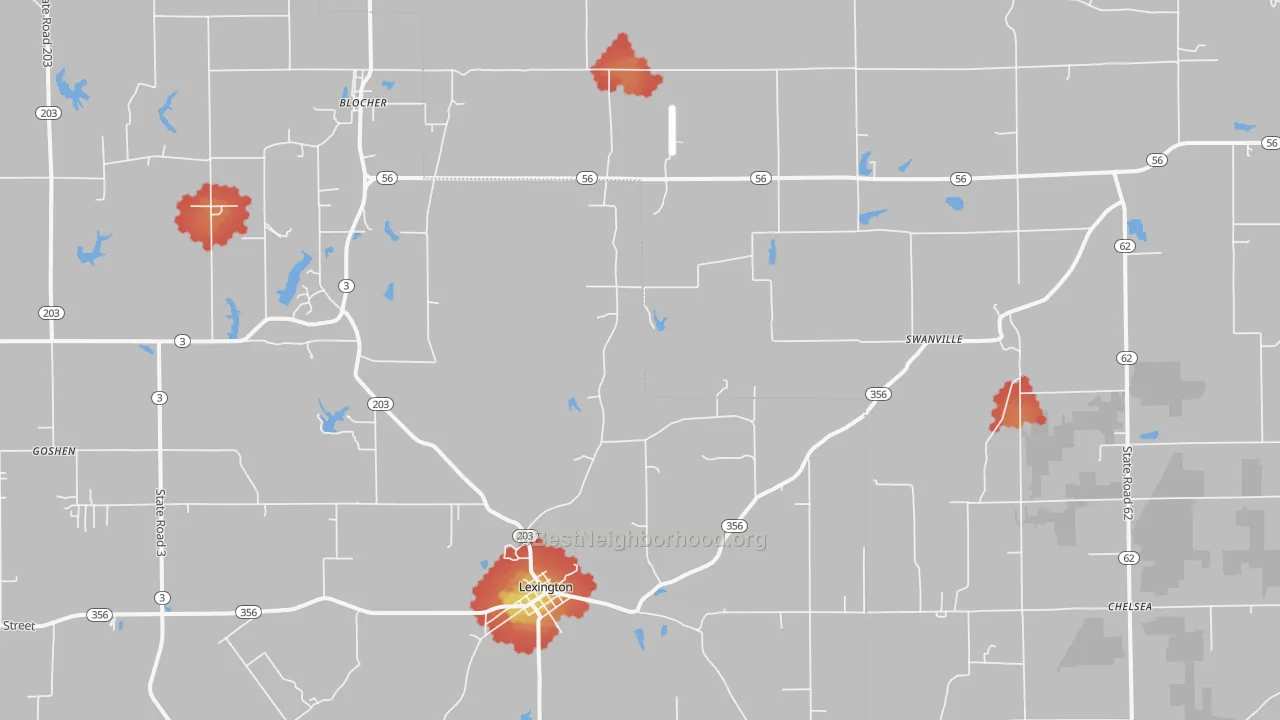 Walk Grade map of 47138, IN, walkable areas in green and car-dependent areas in red