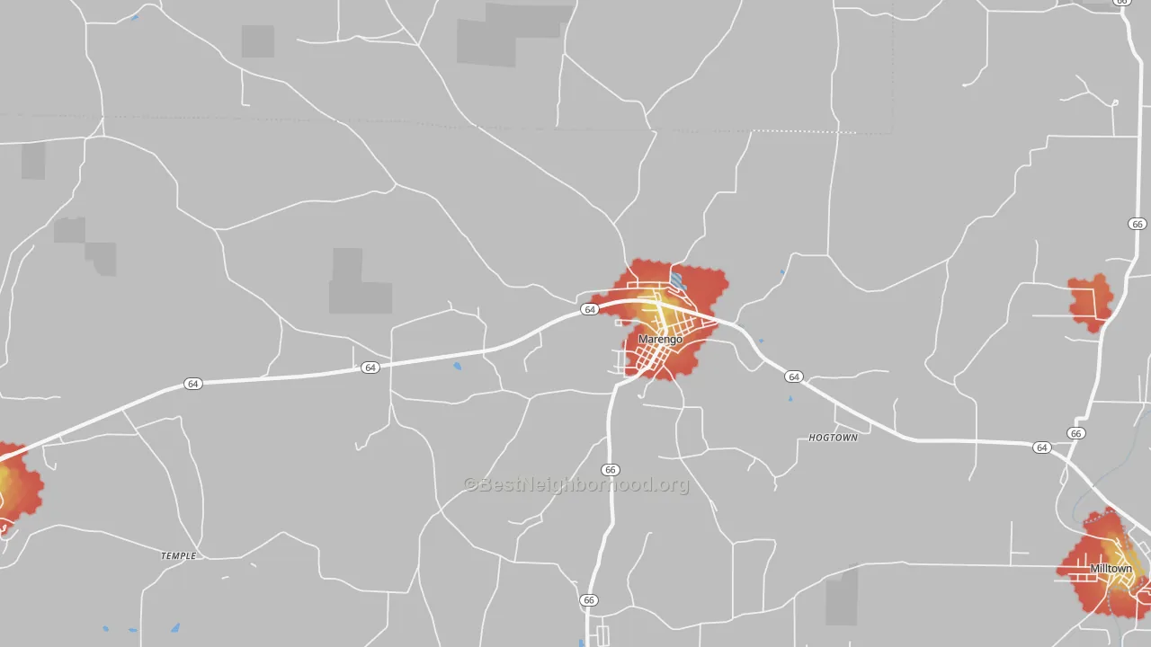 Walk Grade map of 47140, IN, walkable areas in green and car-dependent areas in red