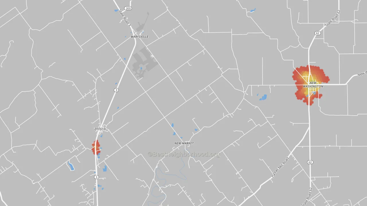 Walk Grade map of 47141, IN, walkable areas in green and car-dependent areas in red