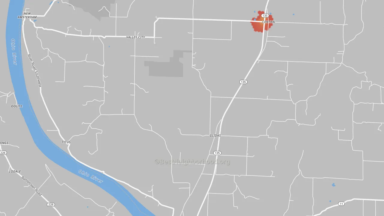 Walk Grade map of 47142, IN, walkable areas in green and car-dependent areas in red