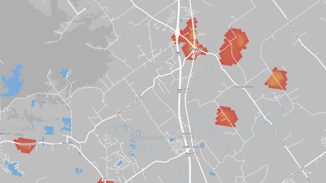Walk Grade map of 47143, IN, walkable areas in green and car-dependent areas in red